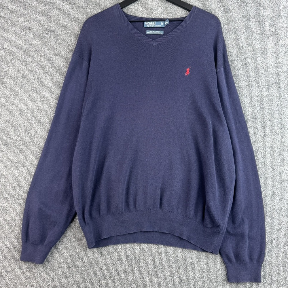 Polo Ralph Lauren Sweater Mens 2XL Navy Blue Pima Cotton V-Neck Red Pony